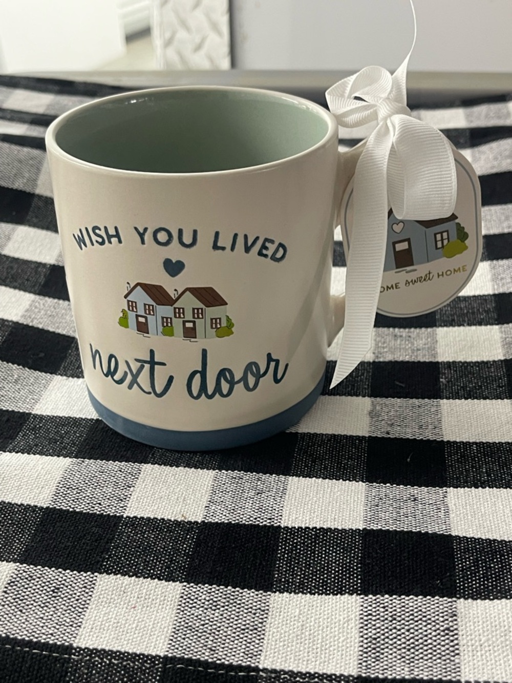 Sunday Morning Ceramics stoneware double sided mug “Wish you lived next door”